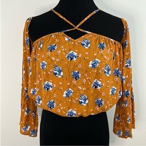 🔴 inTu | Mustard Brown Floral Crop Top